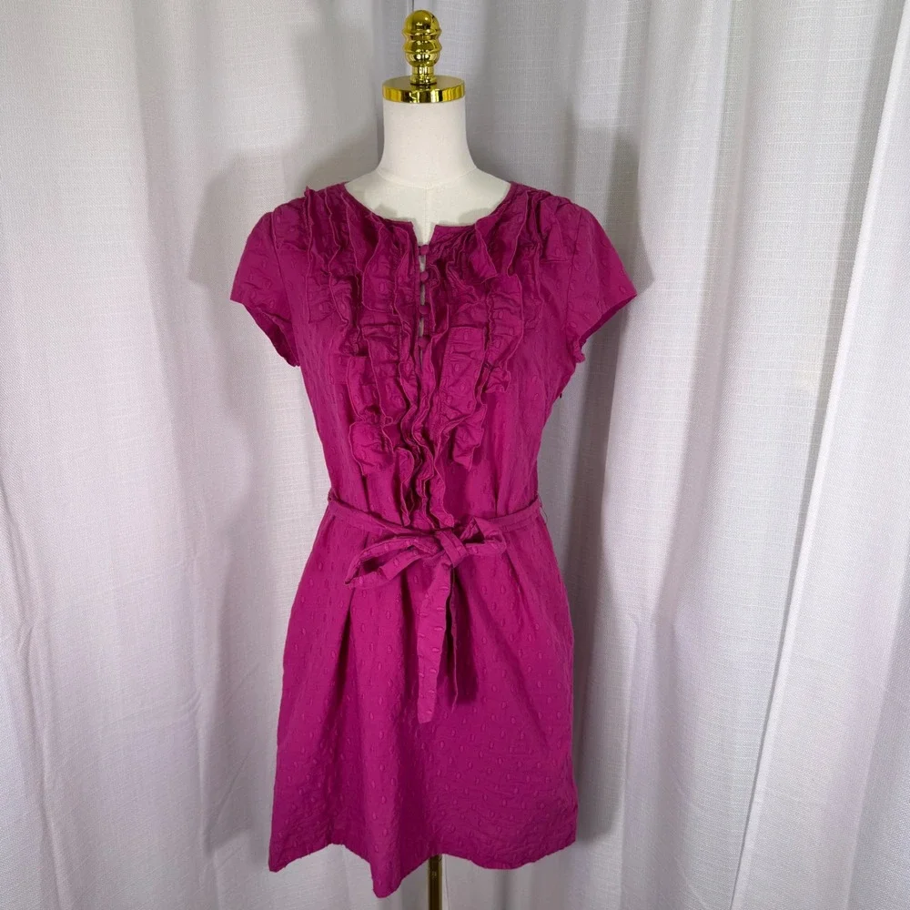 Tabitha Anthropologie Ruffle Swiss Dot Dress Women 12 Pink Cotton Belted - Picture 1 of 14